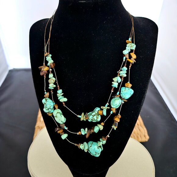 Gorgeous vintage TURQUOISE 3-strand necklace Tiger Eye genuine - Picture 1 of 5